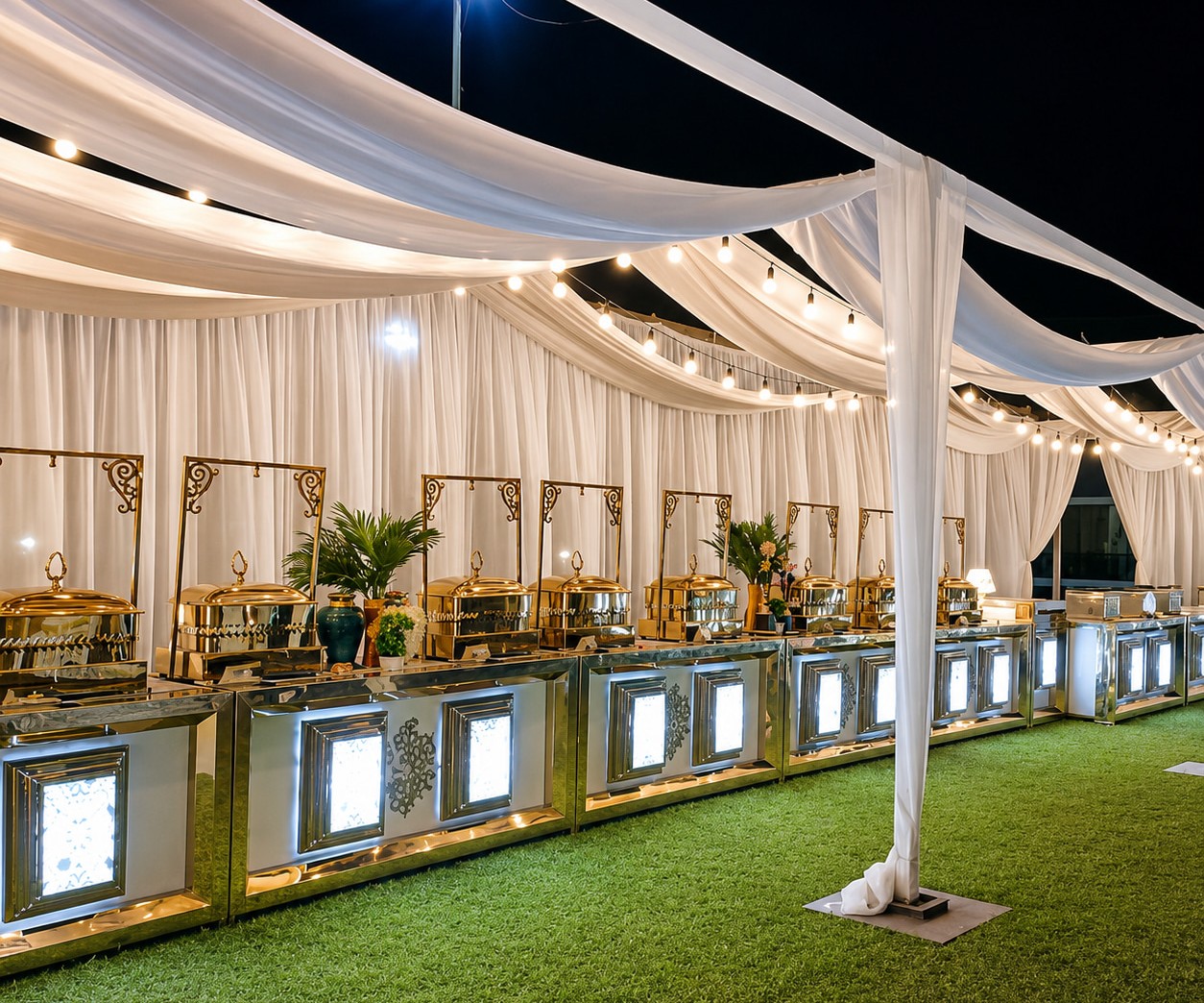 Glamorous Nighttime Buffet under Draped Lights