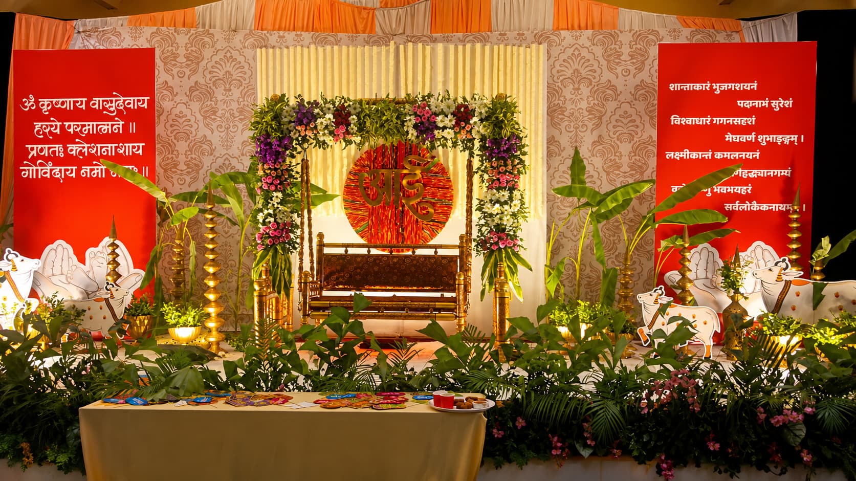 Festive floral mandap stage setup