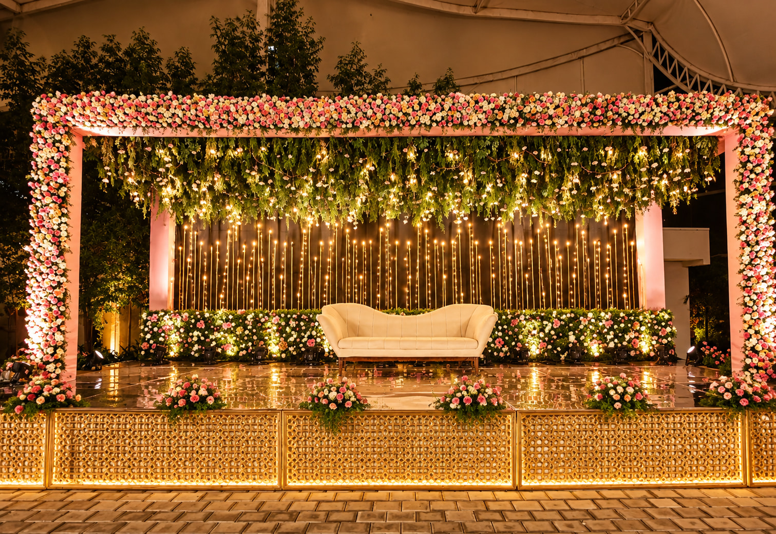 Romantic Floral Wedding Stage at Night