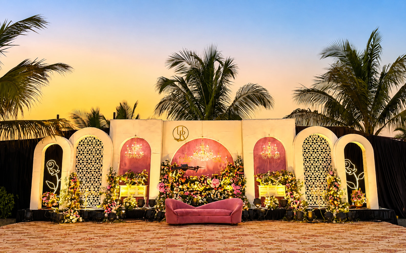 Opulent Tropical Wedding Stage at Sunset